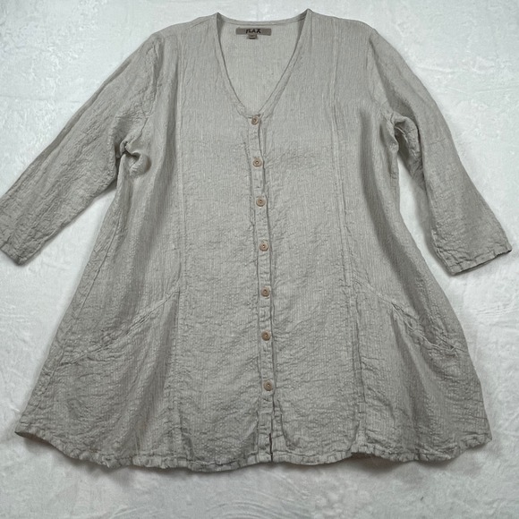 Flax Tops - Flax Womens 100% Linen Button Front Tunic Top Beige Oatmeal Lagenlook Pockets M‎